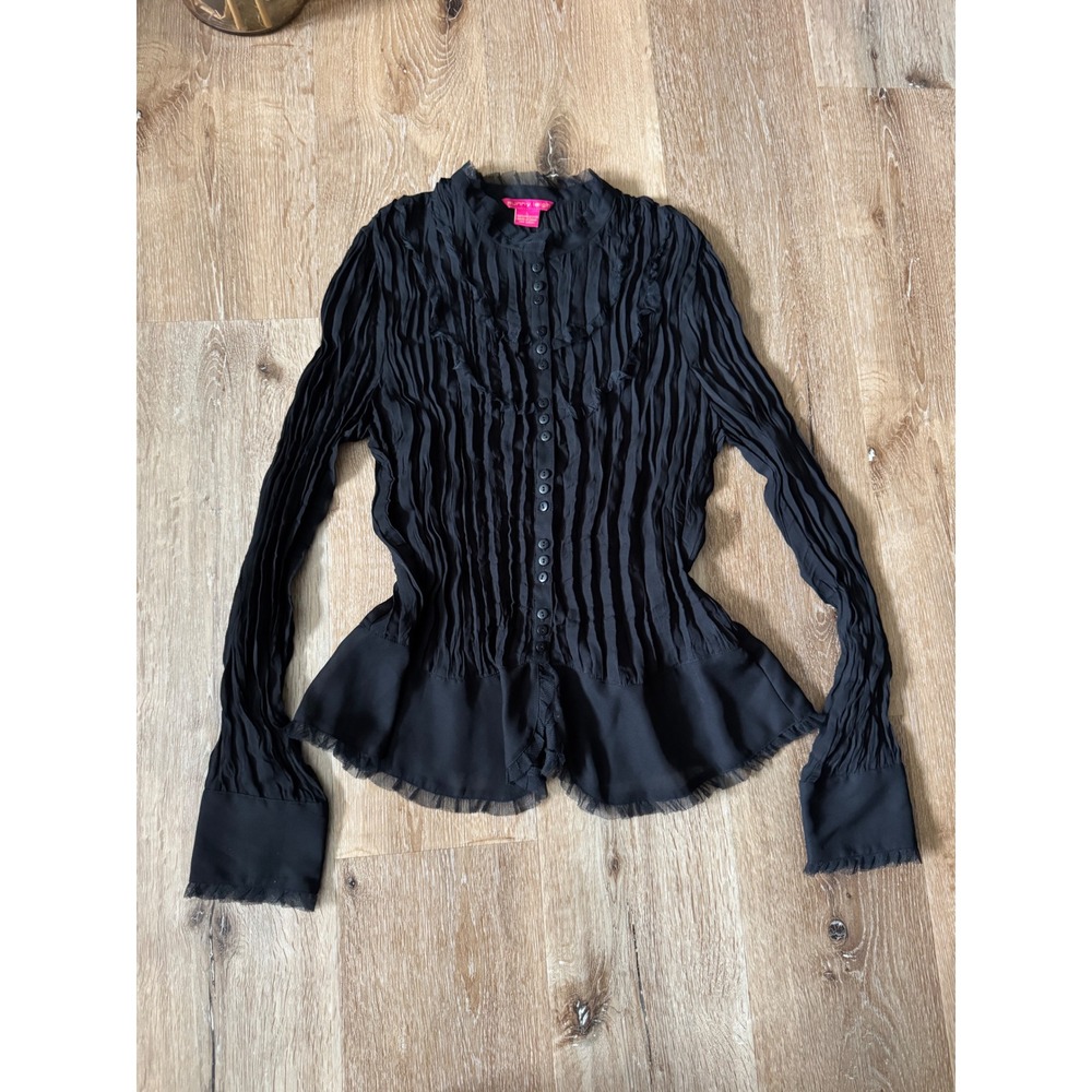 Sunny Leigh Black Y2K Pleated Button Down Long Sleeve Blouse Size L